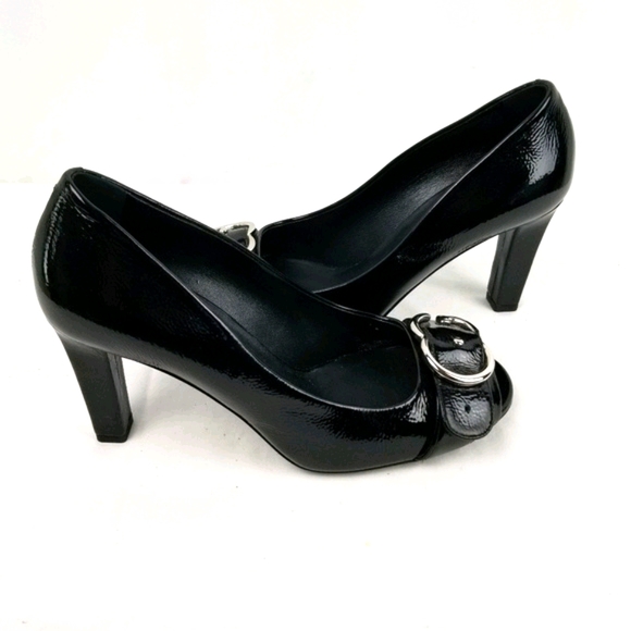 Gucci Black Patent Leather Peep Toe Block Heels Pumps size 38.5 - Picture 3 of 9
